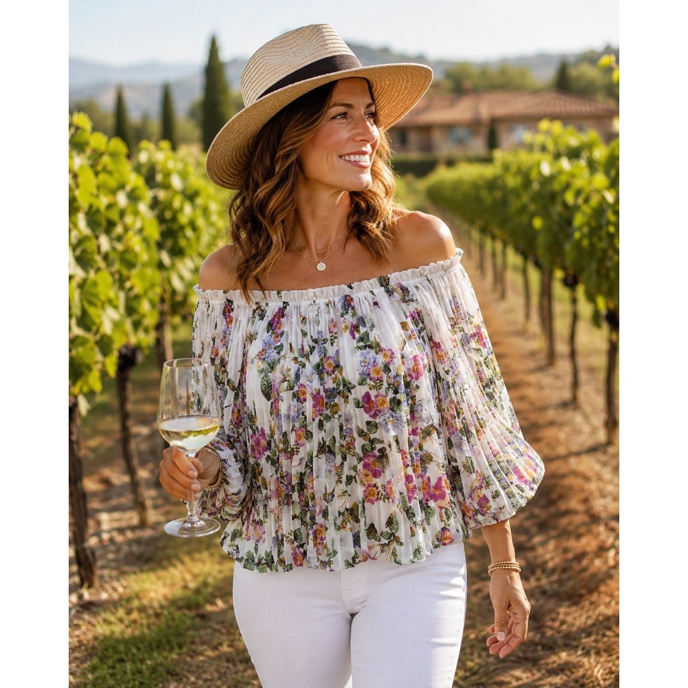 White House Black Market Floral Pleated Off Shoulder Blouse Ecru Purple Womens M